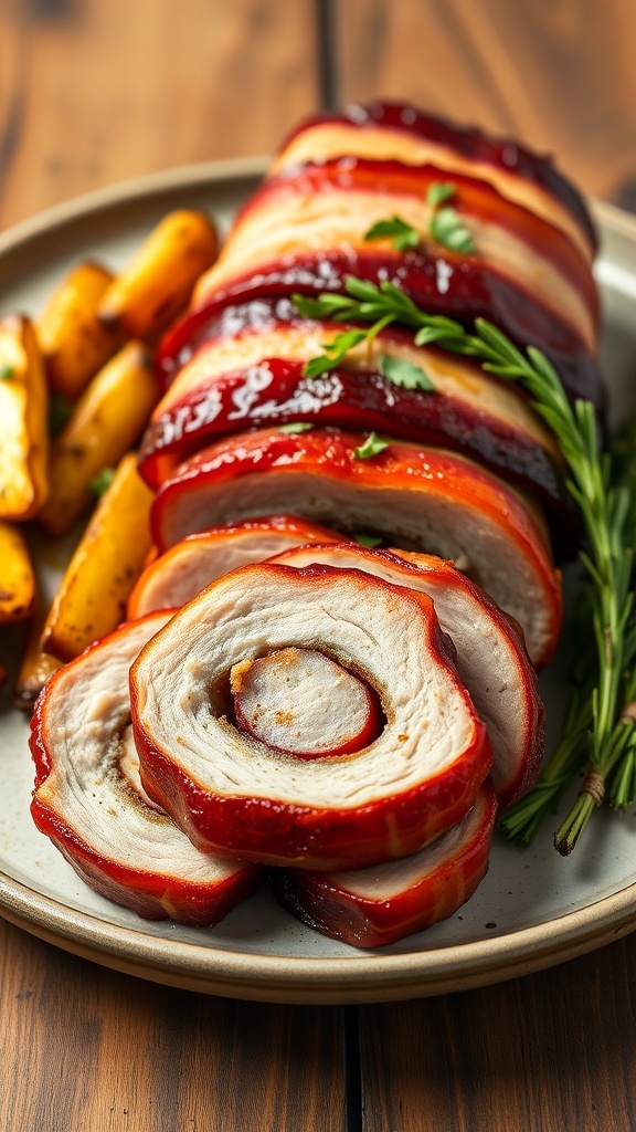 Air fryer bacon-wrapped pork tenderloin sliced, showing juicy meat, garnished with herbs, on a rustic table with vegetables.